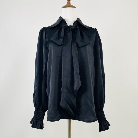 NWOT SEE BY CHLOÉ Tie-Neck Twill Blouse Black Size 36 Long Sleeves with Ruffles - Picture 2 of 13